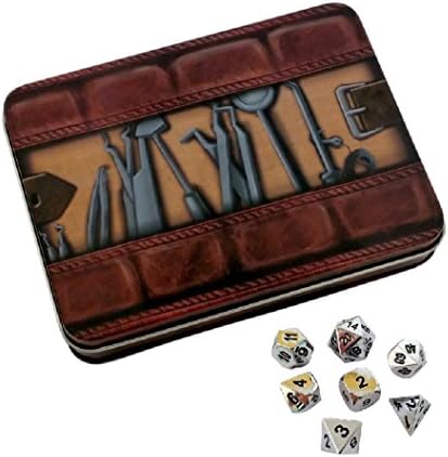 Skull Splitter Dice - Thieves' Tools with Shiny Chrome | Silver Color with Black Numbering Metal Dice - Solid Metal Polyhedral Role Playing Game (RPG) Dice Set (7 Die in Pack) with Dice Case
