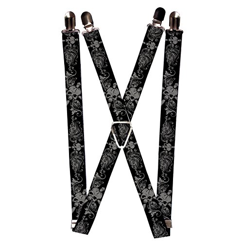 Grey Skull Cross Artistic Design on Black Suspenders