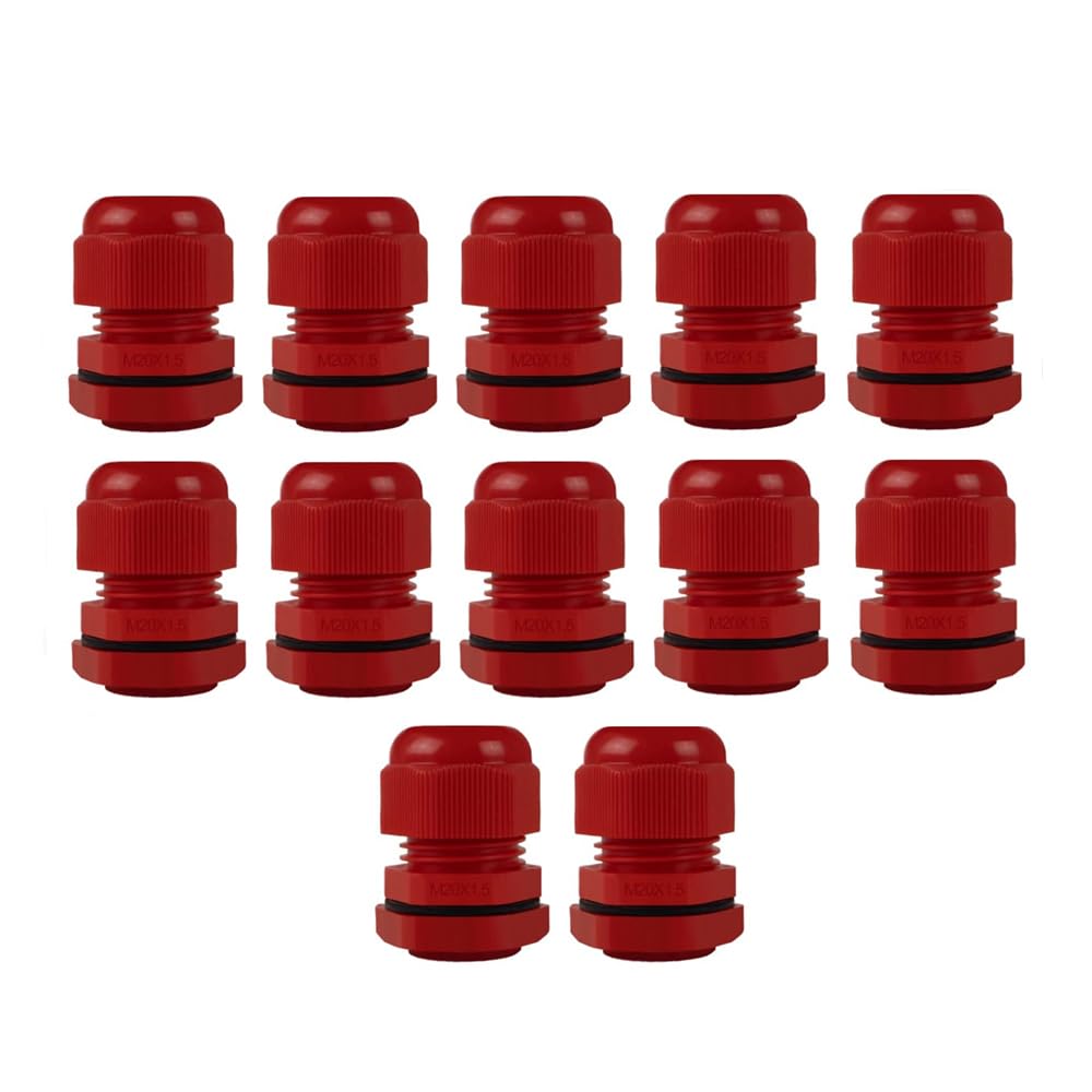 Pack of 12 Black 20mm Nylon Cable Glands, Suitable for 6-12mm, M20 Thread IP68 Gland Connectors - AVARTEK (Red)