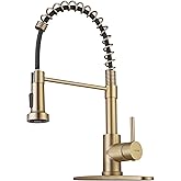 WEWE Brushed Gold Kitchen Faucet with Pull Down Sprayer, RV Brass Kitchen Faucet Stainless Steel Single Handle Spring Faucet with Deck Plate for Farmhouse Utility bar Laundry Sinks