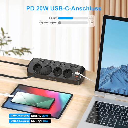 Tischsteckdose mit USB,8 in 1 Steckdosenverteiler Flachstecker mit 2M Kabel für Smartphones,4-Fach Schaltbar, 2 USB-C, 2 USB-A,Steckdosenleiste Schreibtisch einzeln Schaltbar, Schwarz