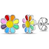 In Season Jewelry 925 Sterling Silver Rainbow Enamel Daisy Flower Stud Earring - 9mm, Hypoallergenic, Multicolored Flower Earrings for Girls