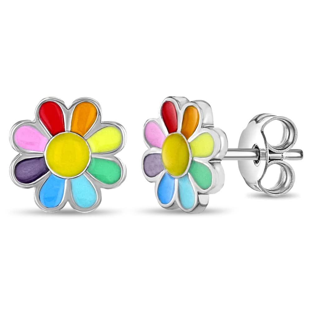 In Season Jewelry Rainbow Enamel Daisy Flower Kids Earrings - 925 Sterling Silver Hypoallergenic Earrings for Kids with Secure Butterfly Backs - Safe & Comfortable for Toddlers & Little Girls