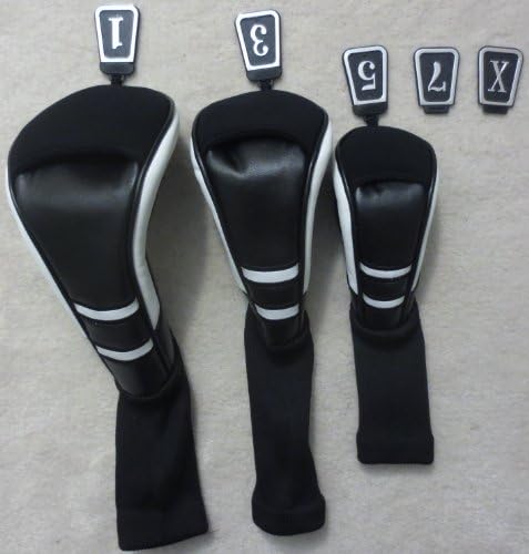 Golf Club Headcovers Set of 3 Black, White Color Driver Woods Hybrid 1,3,5,7,X Tags