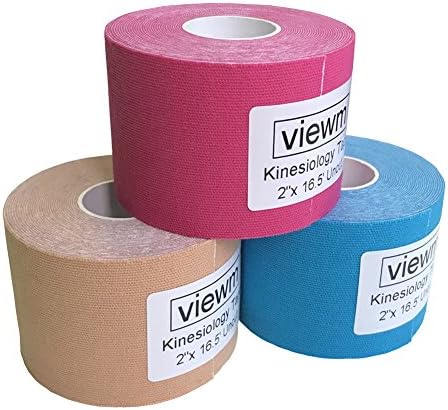 Viewm Elastic Kinesiology Tape Bulk Waterproof Athletic Recovery Wraps Uncut Sports Tapes Breathable Muscle Support Braces, 3 Packs 2 inches × 16.5 feet Per Roll (Pink Beige Blue)