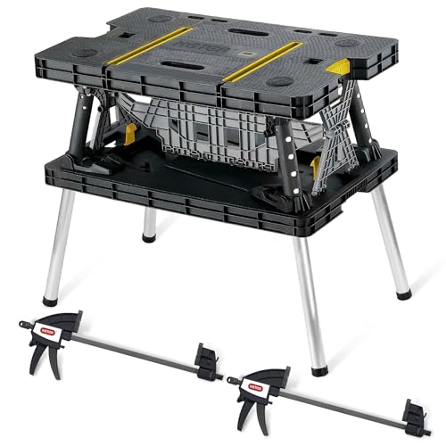 Keter Portable Folding Table Tool Storage Stand Workbench Sawhorse with 12" Clamps
