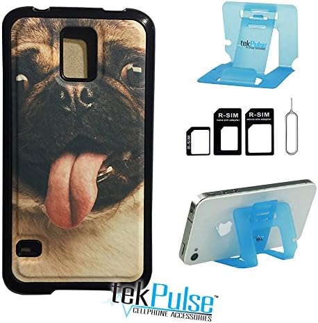 TekPulse (tm) Happy Pug Panting Dog Real Leather TPU Back Cell Phone Case &amp; Nano Sim Card Adapter &amp; Collapsible Cell Phone Stand - [3 pcs] - Direct Print Technology Fits Samsung Galaxy S5
