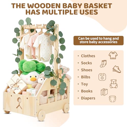 Wooden Baby Basket, Gift for Newborn Boy Girl, Baby Shower Basket, Bear Design, with Clothes Rack and Wheels, Decoration for Children's Room, Natural Colour