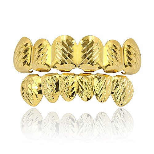 JINAO 18k Gold Plated 6 Tooth WHITE Gold Plated DIAMOND CUT Hip Hop Grillz Set