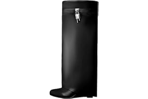 Yishaweiqi Fold Over Boots Wide-calf Wedge Heel Knee High Boot With Decorative Lock