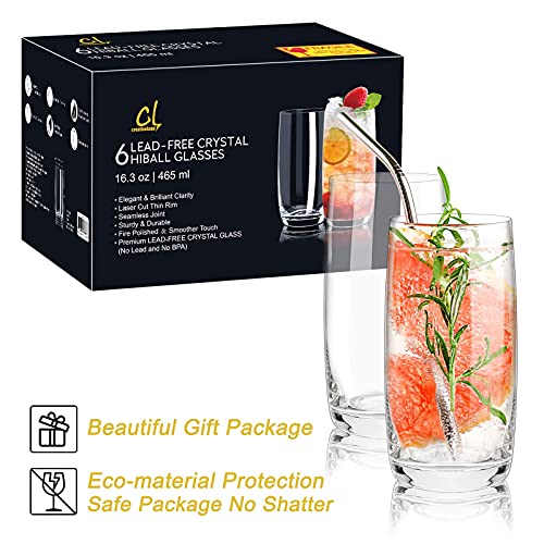 CREATIVELAND Crystal Highball Glasses Set of 6. LEADFREE Crystal Heavy Base Tall Glassware