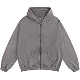 Dynict Men's Zip-Up Hoodies Solid Hip-Hop Y2K Oversize Wash Old Craft Basic Hoodies Heavyweight Casual Fit Sweatshirt