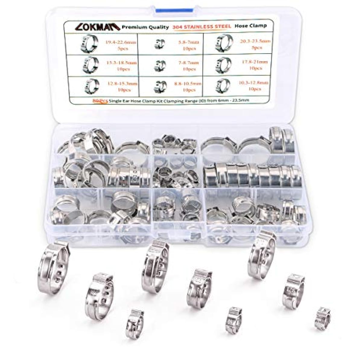 Stainless Steel Single Ear Hose Clamp, 80Pcs 623.6mm Crimp Assortment