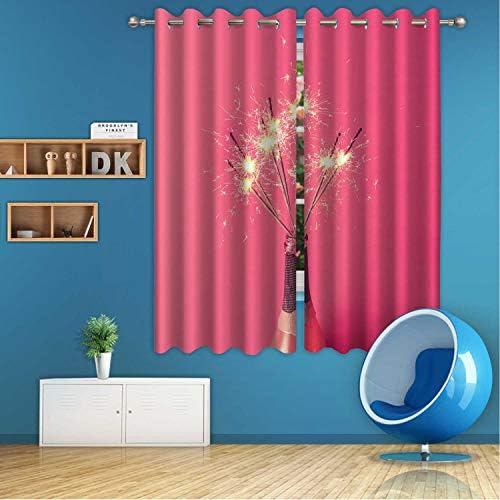 ALUONI Champagne Bottle with Sparklers on Pink Background Digital Art Print Polyester Window Curtains,Flat Lay for Kids Rooms,72 in Wide x 63 in high