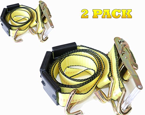 DKG-304 Yellow Heavy Duty Double J Hook Wheel Strap with Ratchet - Over Tire Wire Hook Car Hauler Tie Down - Auto Transporter Trailer Strap with Steel Ratchet - Working Load Limit of 3330 LB (2 Pack)