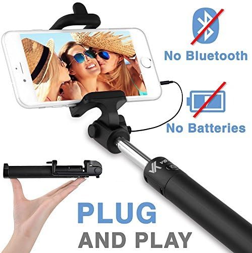 Voxkin Ultra Portable Wired Selfie Stick No Bluetooth Pairing - No Battery Charging Premium & Sturdy Design Best Pocket Sized Cable Monopod - Compatible with iPhone, Android & All Smartphones