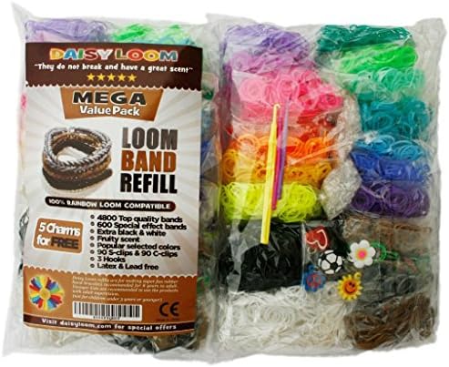 Loom Mega Value Pack ★ 4800 Latex, Lead & Phthalates Free Silicone Bands with Fruity Scent ★ 3 Hooks + 5 Free Charms ★ 15 Rainbow Colors ★ 100 % Compatible with All Rubber Band Looms