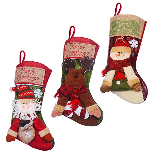 TIOVERY Christmas Stockings, 18" Set of Three Santa Snowman Reindeer Candy Gift Bag Toys Socks Hanging Decorations