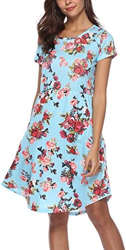 NICIAS Women Floral Short Sleeve Tunic Vintage Midi Casual Dress with Pockets