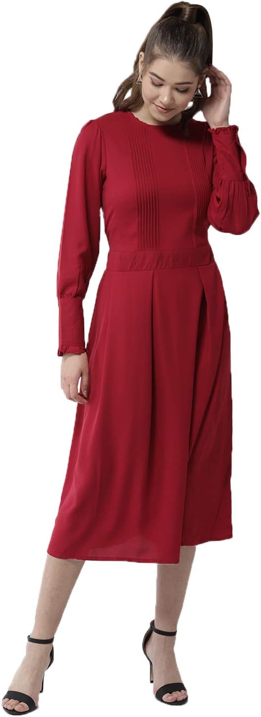 Women's Red Polyester Moss Pintuck and Pleated Midi Dress (3496RedBoxPinDrs)