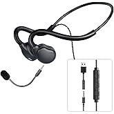 QOEKUEY Open Ear Headphones with Microphone Detachable, Crystal Cable, 3.5mm + USB Wired Audio Control- Black