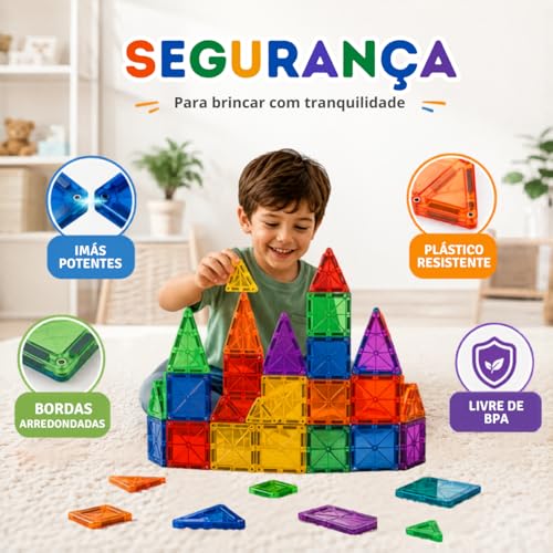 Blocos Magnéticos Infantil 50 Peças Coloridas Translúcidas de Montar, Brinquedo Didático Construção 2D 3D Educação STEM, Desenvolvimento Cognitivo, Criatividade, Coordenação Motora, Raciocínio Lógico