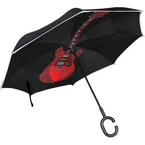 WELLDAY Boho Red Guitar Inverted Umbrella, 49 Inch Double Layer Reverse Windproof Umbrella with C-shape Handle, Large Upside