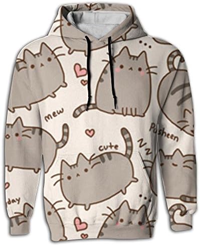 CHONGHWA TSINHWA Men's 3D Realistic Printed Pusheen The Cat Drawstring Sweatshirt With Pockets Small