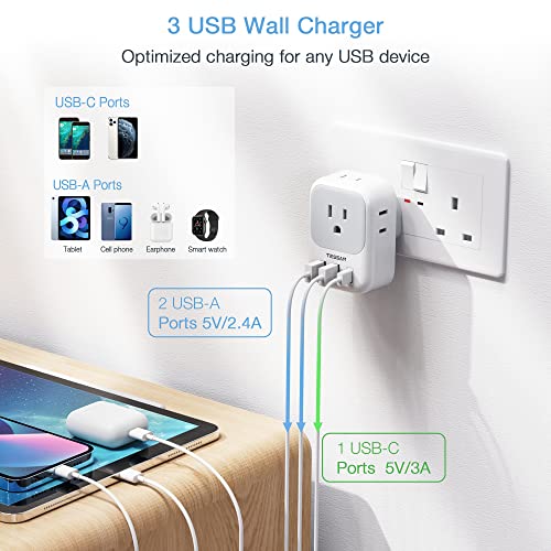 US to UK Plug Adapter, TESSAN Type G Travel Converter with 3 USB