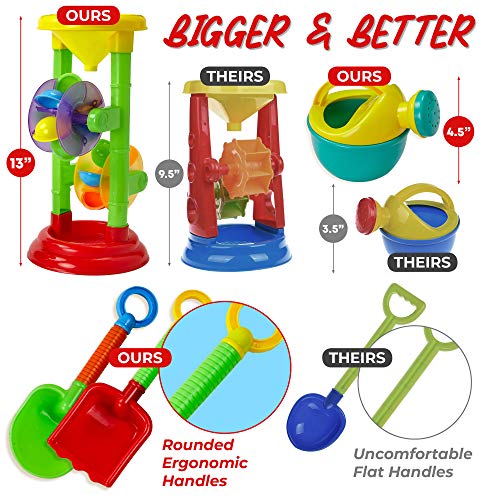 Dragon Too Kids Beach Toy Set -19 Piece Kit in Mesh Backpack Bag - Shovels, Scoops, Buckets, Waterfall, Shapes and More for Sand Castles, Water Play and Sand Boxes
