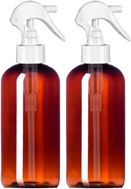 MoYo Natural Labs 8 oz Spray Bottles, Boston Round Trigger Sprayer Empty Travel Containers, BPA Free PET Plastic for Essential Oils and Liquids/Cosmetics (Pack of 2, Amber)