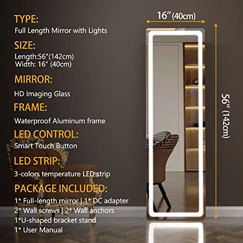 Hasipu Full Length Mirror with Lights, 56" x 16" Lighted Floor Standing