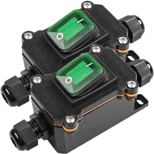 MKBKLLJY Inline Cord Box Waterproof Switch 2-Way Junction Box PG9 Cable Gland IP66 KCD4 Green LED Light Toggle 4-Pin 2-Position ON-OFF Self-Locking DPST AC/DC 20A 125V 16A 250V