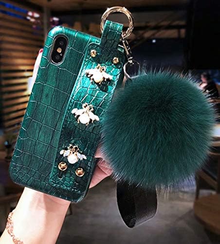 iPhone Xs Max Case,Fashion Black Marble Cute Bee Cover with Rabbit Fur Hairball Phone Case for iPhone Xs Max 6.5-inch,B8