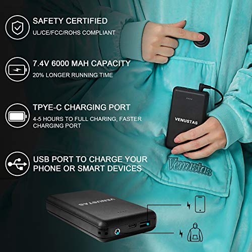 Venustas Heated Wearable Blanket Hoodie with Battery Pack 7.4V