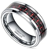 8mm Tungsten Metal Rings Black Red Carbon Fiber Inlay Comfort Fit Wedding Band