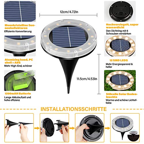 Solar Floor Light, Warm White, 12 LEDs, Solar Lights for Outdoors, Pack of 4 - LED Solar Garden Lights, IP65 Waterproof Floor Light, Solar Lights, Garden, Outdoor Light for Driveway, Lawn, Walkway, Patio