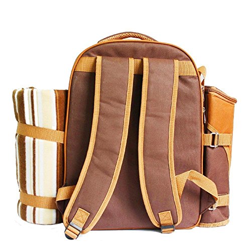 TAWA Picnic Backpack Bag for 4 Person With Cooler Compartment, Detachable Bottle/Wine Holder, Fleece Blanket, Plates and Cutlery (Coffee)