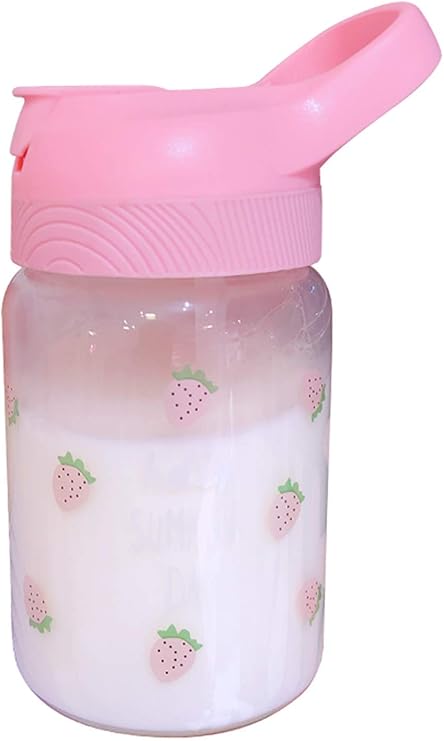 Amazon ユリカー かわいい 水筒 ストロー付き 夏 400ml 透明 ガラス ボトル 手提げ付き蓋 直飲み 子ども アウトドア 通勤通学 いちご 水筒 マグボトル オンライン通販