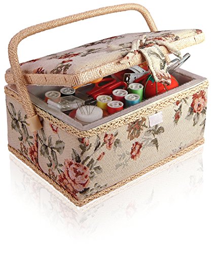 Classic fabric floral design sewing basket with sewing kit access…