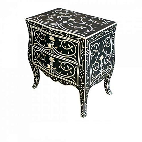 Amazon Com Floral And Leaf Pattern Bone Inlay Bedside Table With 2 Drawers In Black Curved Legs Handmade
