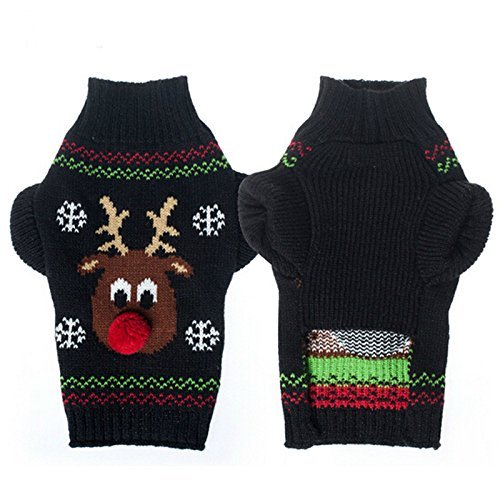 Moolecole Puppy Dog Christmas Knitted Sweater Reindeer Sweatshirt Clothes Pet Winter Knitwear Coat Warm Hoodies Apparel Black L - Thumbnail 4