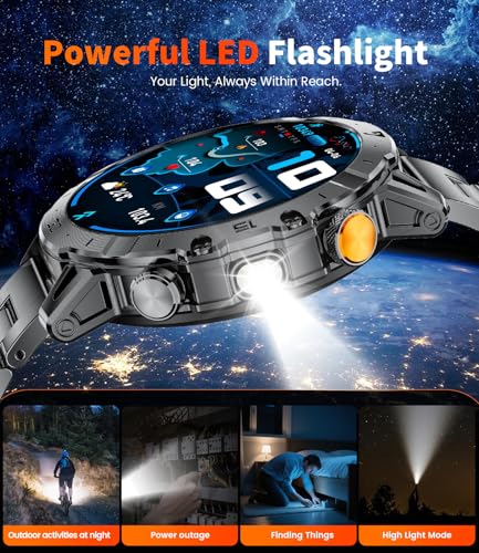 HIRREO EF18 Military Smart Watch for Men, 1000 mAh Large Battery, 1.85″ HD Smartwatch with LED Flashlight/Sleep/100+ Sports, IP68 Waterproof Smart Watches for Android iOS (3 Straps), Black