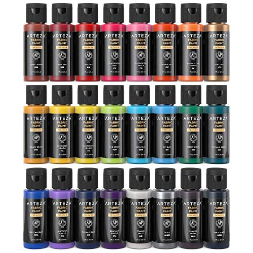 ARTEZA Permanent Fabric Paint, Set of 24 Colors, 60 ml Bottles, Washer