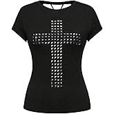 Milumia Women's Y2K Gothic Cross Rivet Tee Tops Vintage Cut Out Back Going Out T Shirt Streetwear