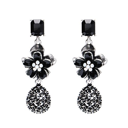 She Lian Vintage Style Flower Design Teardrop Dangle Pierced Earrings (Black -Antique Silver Tone)