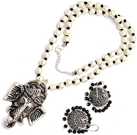 Tvayaa Art Oxidized Silver Long Thread Necklace Set Hook Earring Pearl Bead Temple Jewelry (28 inches)