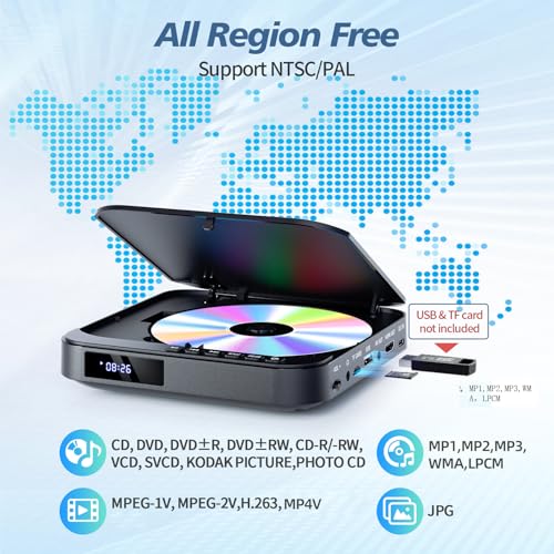 DESOBRY Mini DVD Player for TV, Portable HD 1080P for Smart TV, All Regions, HDMI/AV Cable, USB/TF, Remote Control, Support PAL/NTSC