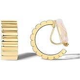 FAN&LOUIS Gold Clip On Hoop Earrings, 14K Chunky Gold Small Hoops Lightweight Clip-On Earrings for Women Trendy│Chic Boho Ribbed Croissant Scallop Statement Clip Earrings Teen Gifts