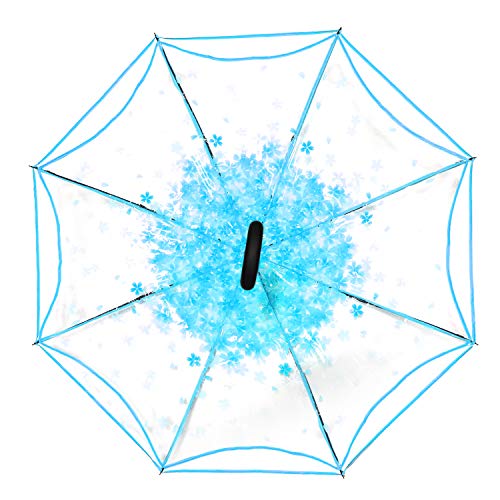 WASING Double Layer Inverted Umbrella Cars Reverse Umbrella, Windproof UV Protection Big Straight Umbrella for Car Rain Outdoor with C-Shaped Handle (Transparent Blue)